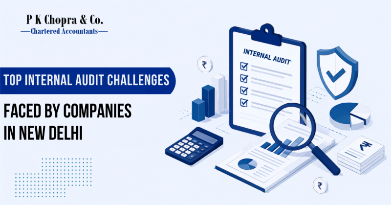 Internal audit illustration with checklist, financial reports, charts, calculator, magnifying glass, and compliance shield.